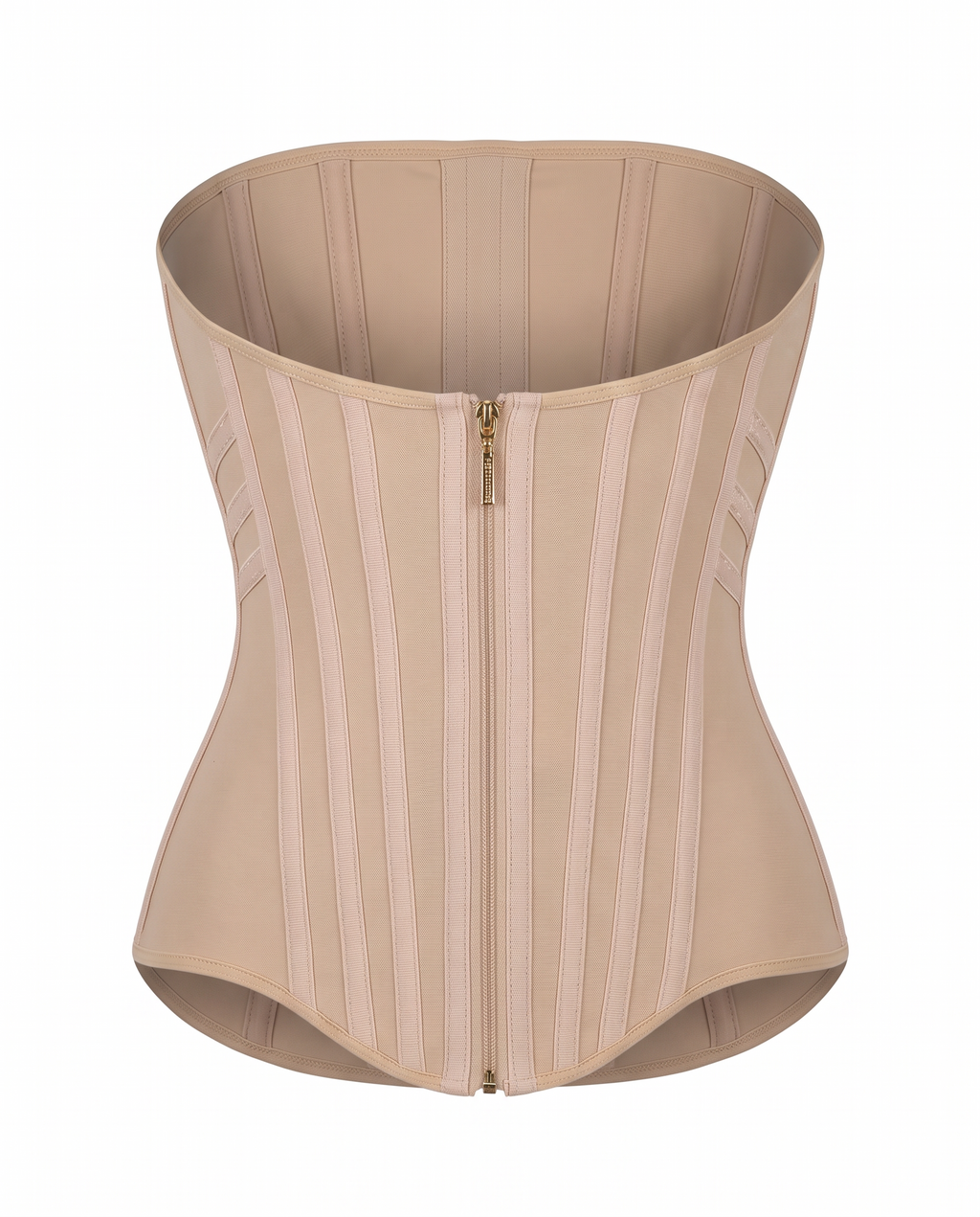 Curved boned high-compression waist trainer corset on white background