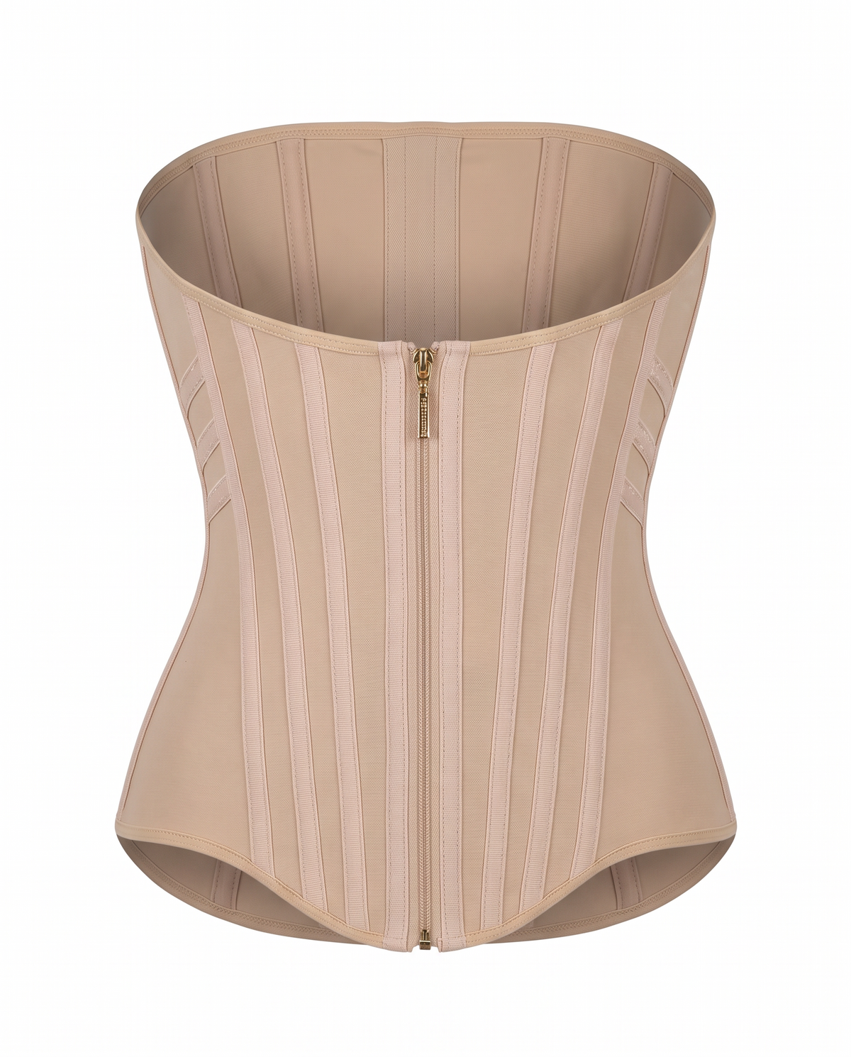 Curved boned high-compression waist trainer corset on white background