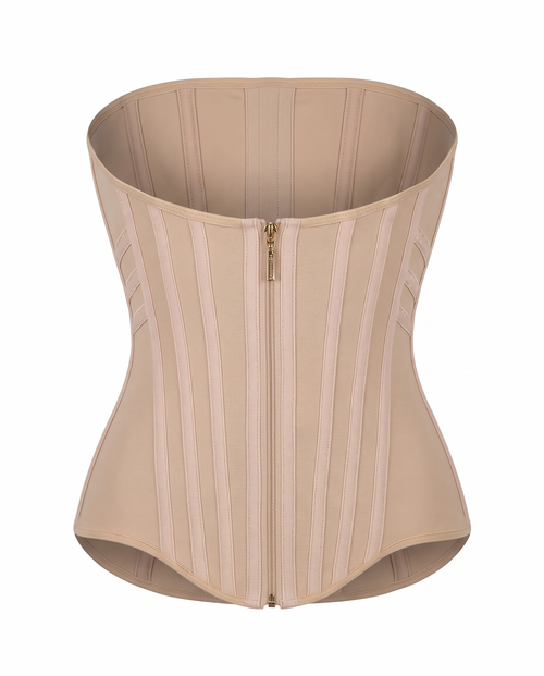 Curved boned high-compression waist trainer corset on white background