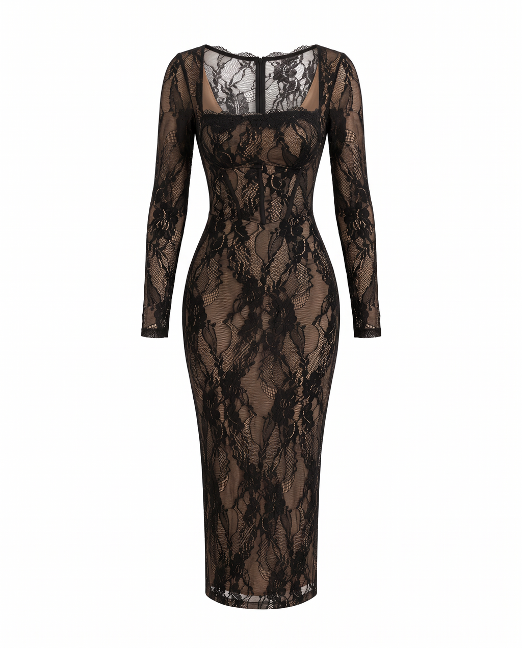 Square-neck long-sleeve floral lace bodycon maxi dress on white background