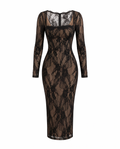 Square-neck long-sleeve floral lace bodycon maxi dress on white background