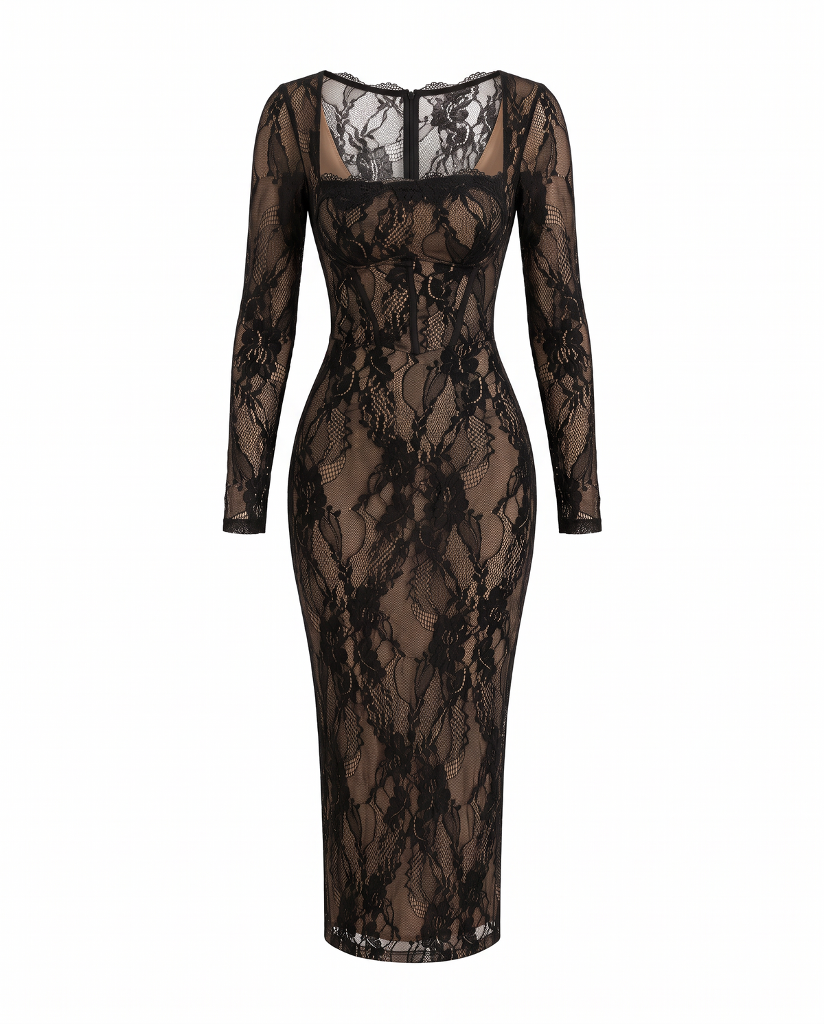 Square-neck long-sleeve floral lace bodycon maxi dress on white background