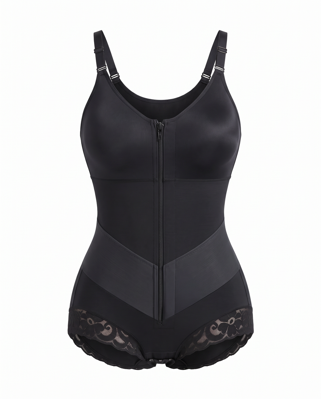 Lace-trim zip-front sculpting bodysuit on white background
