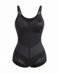 Lace-trim zip-front sculpting bodysuit on white background