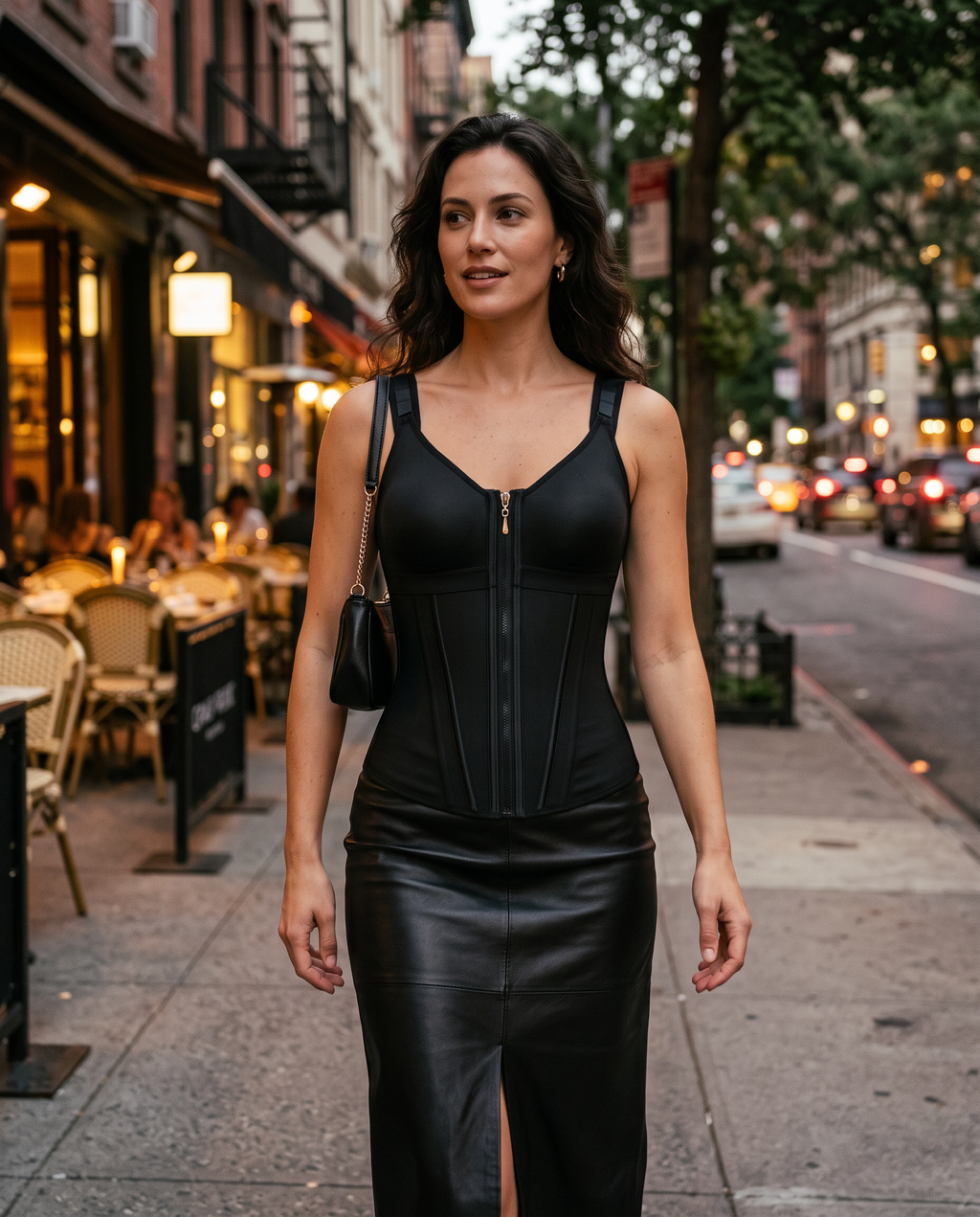 Latex shaping vest styled with a leather midi skirt
