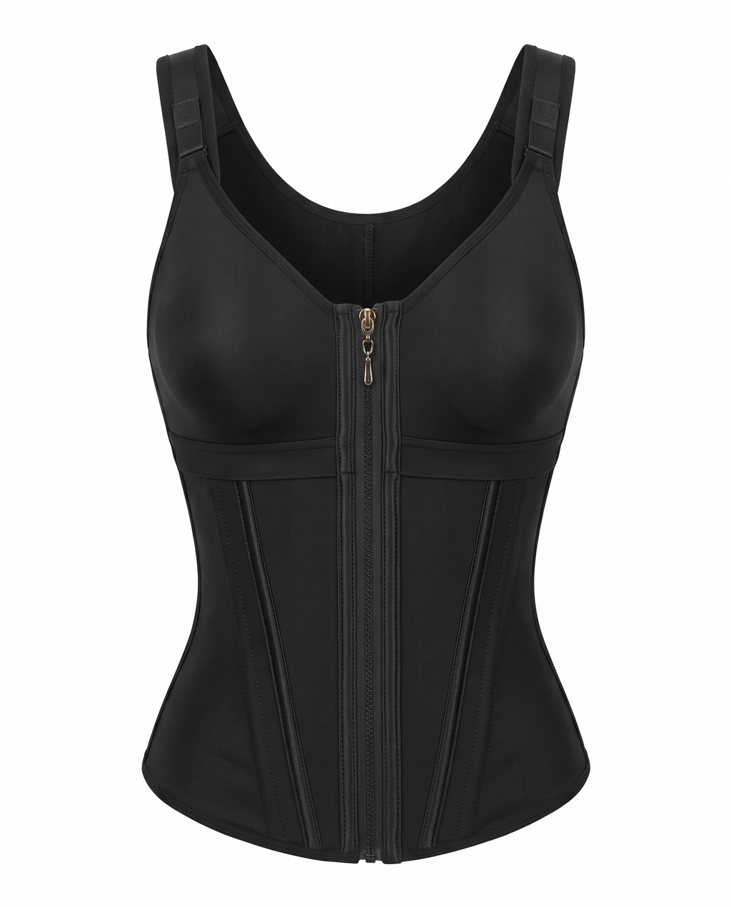 Boned latex zip-front shaping vest with built-in bra on white background