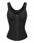 Boned latex zip-front shaping vest with built-in bra on white background