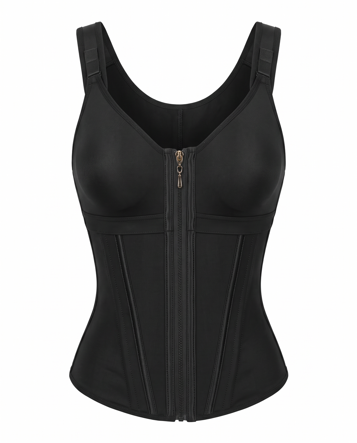 Boned latex zip-front shaping vest with built-in bra on white background