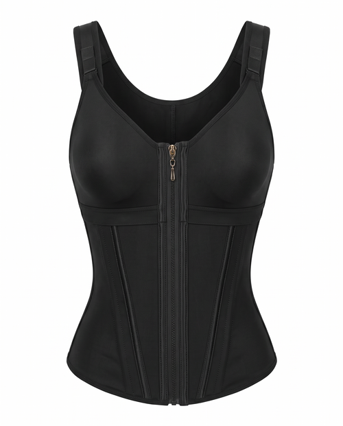Boned latex zip-front shaping vest with built-in bra on white background