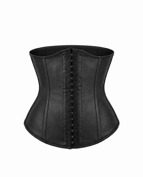 Faux leather waist cincher belt on white background