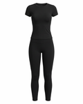 Short-sleeve top and high-waist leggings lounge set on white background