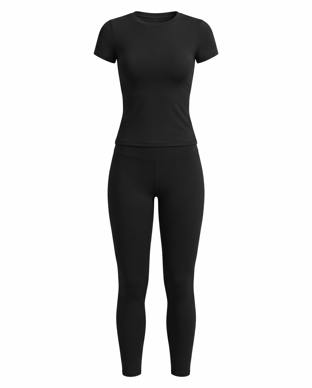 Short-sleeve top and high-waist leggings lounge set on white background