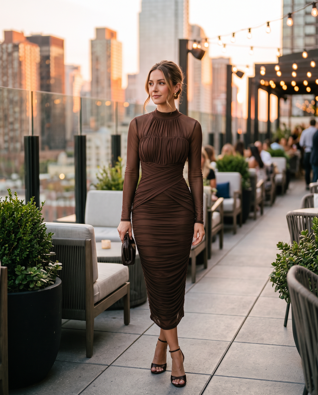 Mesh bodycon midi dress worn at a rooftop bar at sunset