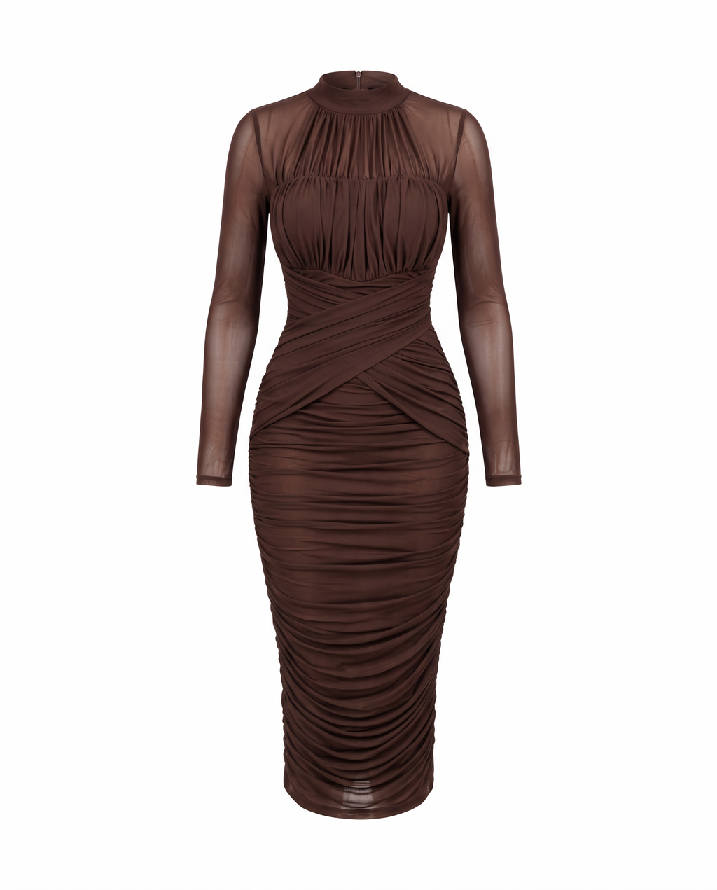 Ruched cross-waist mesh long-sleeve bodycon midi dress on white background