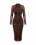Ruched cross-waist mesh long-sleeve bodycon midi dress on white background