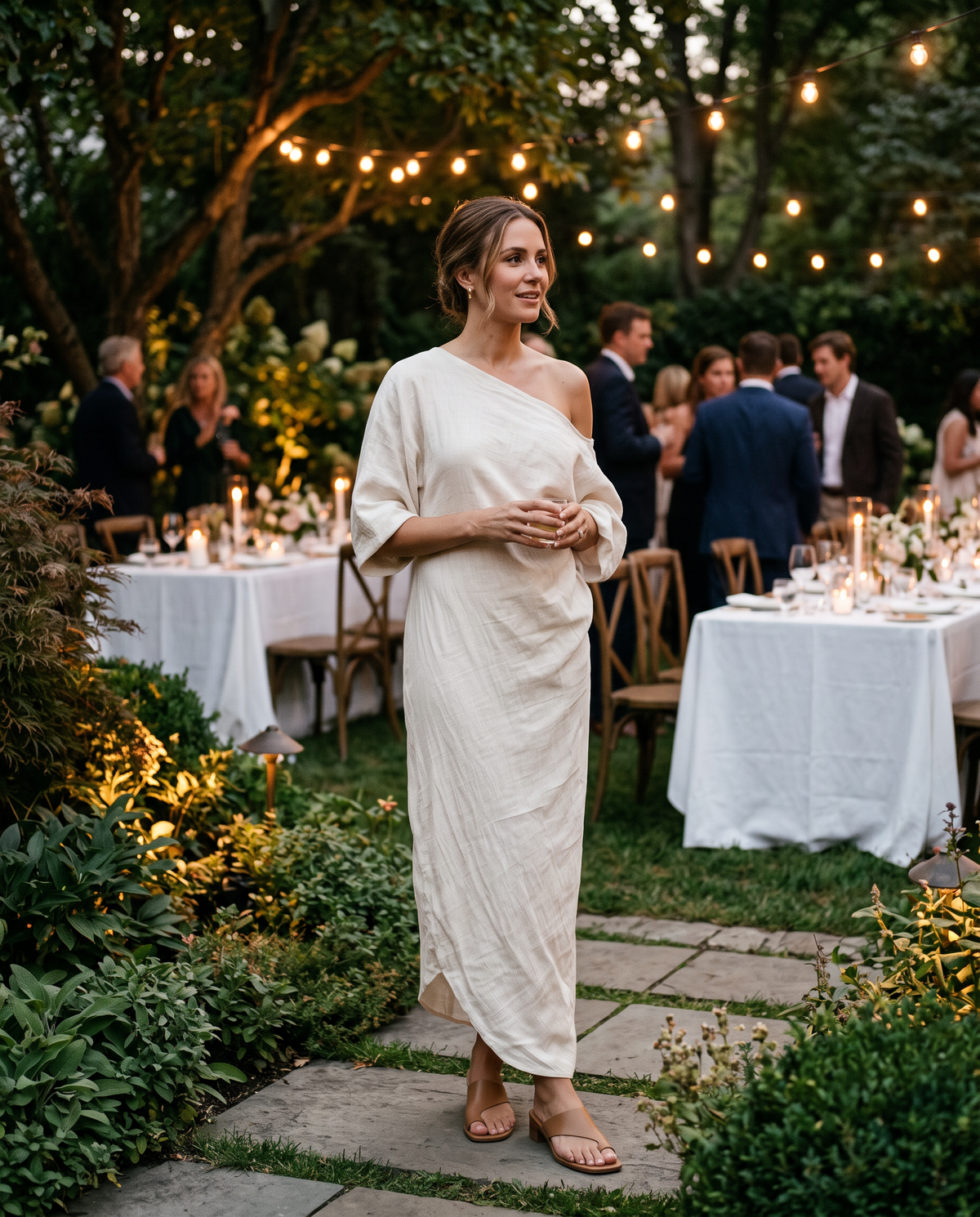 One-shoulder maxi dress worn at a garden dinner party