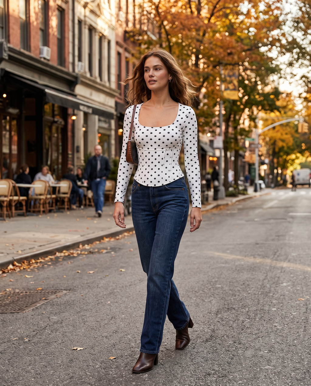 Polka dot bodysuit and corset set styled with jeans and boots