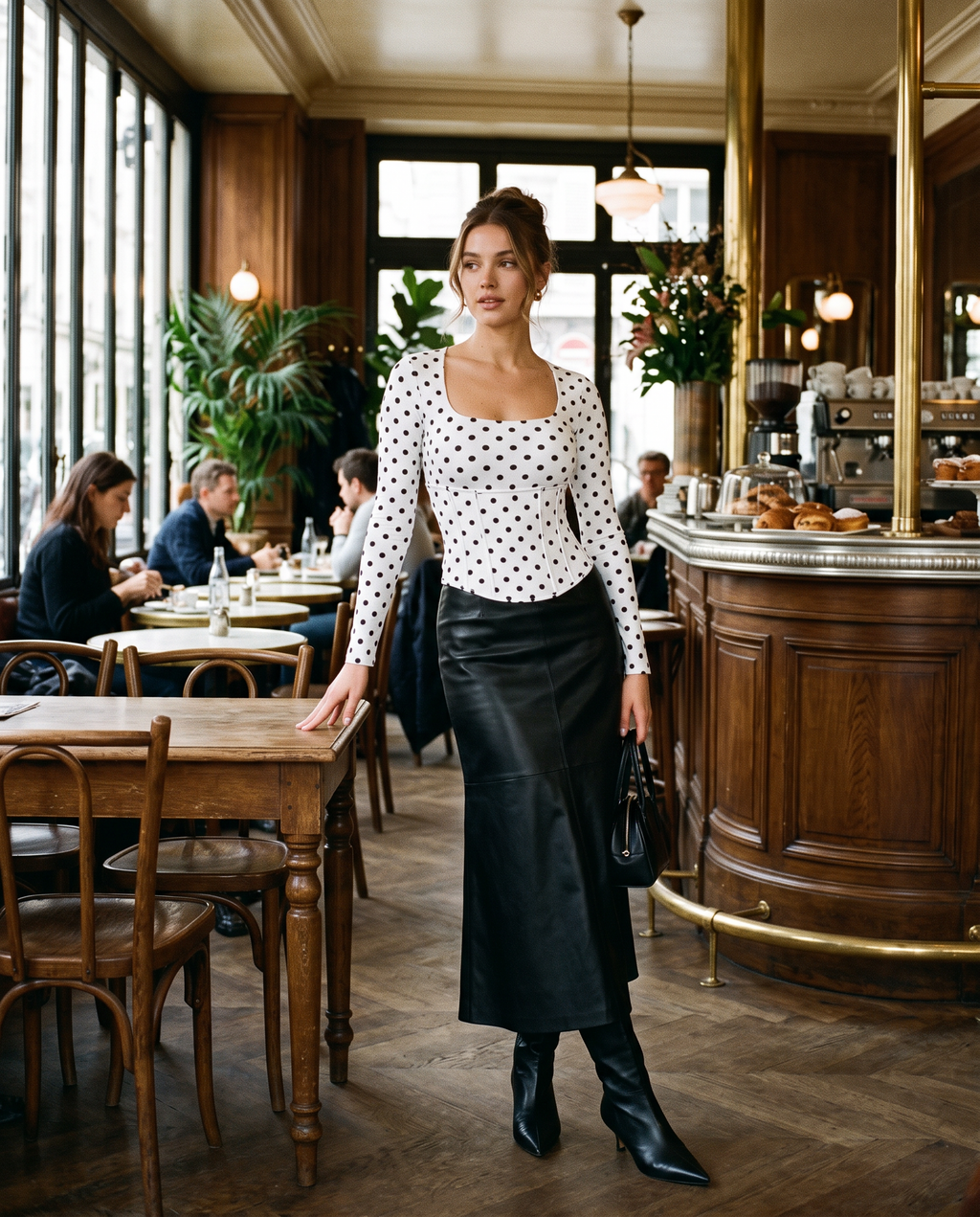 Polka dot bodysuit and corset set styled with a leather midi skirt