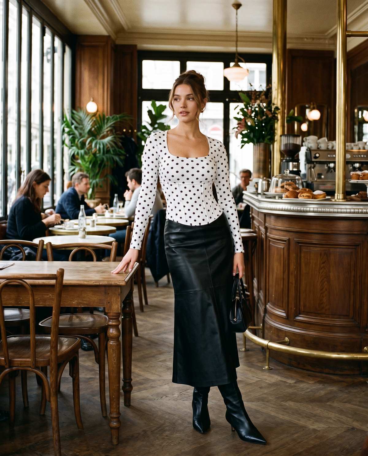 Polka dot bodysuit and corset set styled with a leather midi skirt