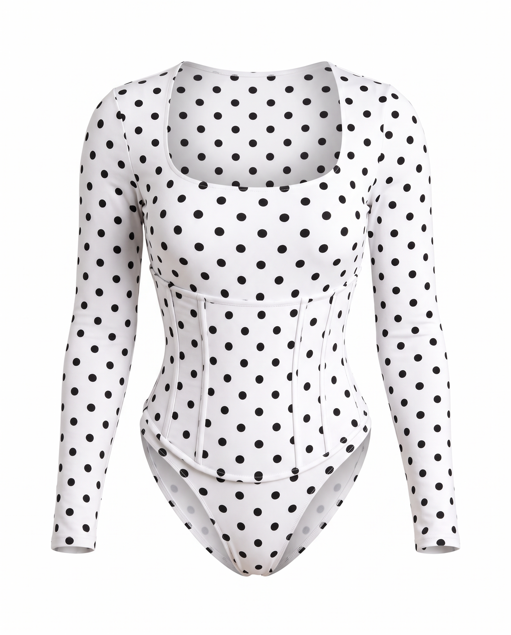 Polka dot square-neck long-sleeve bodysuit and detachable corset set on white background