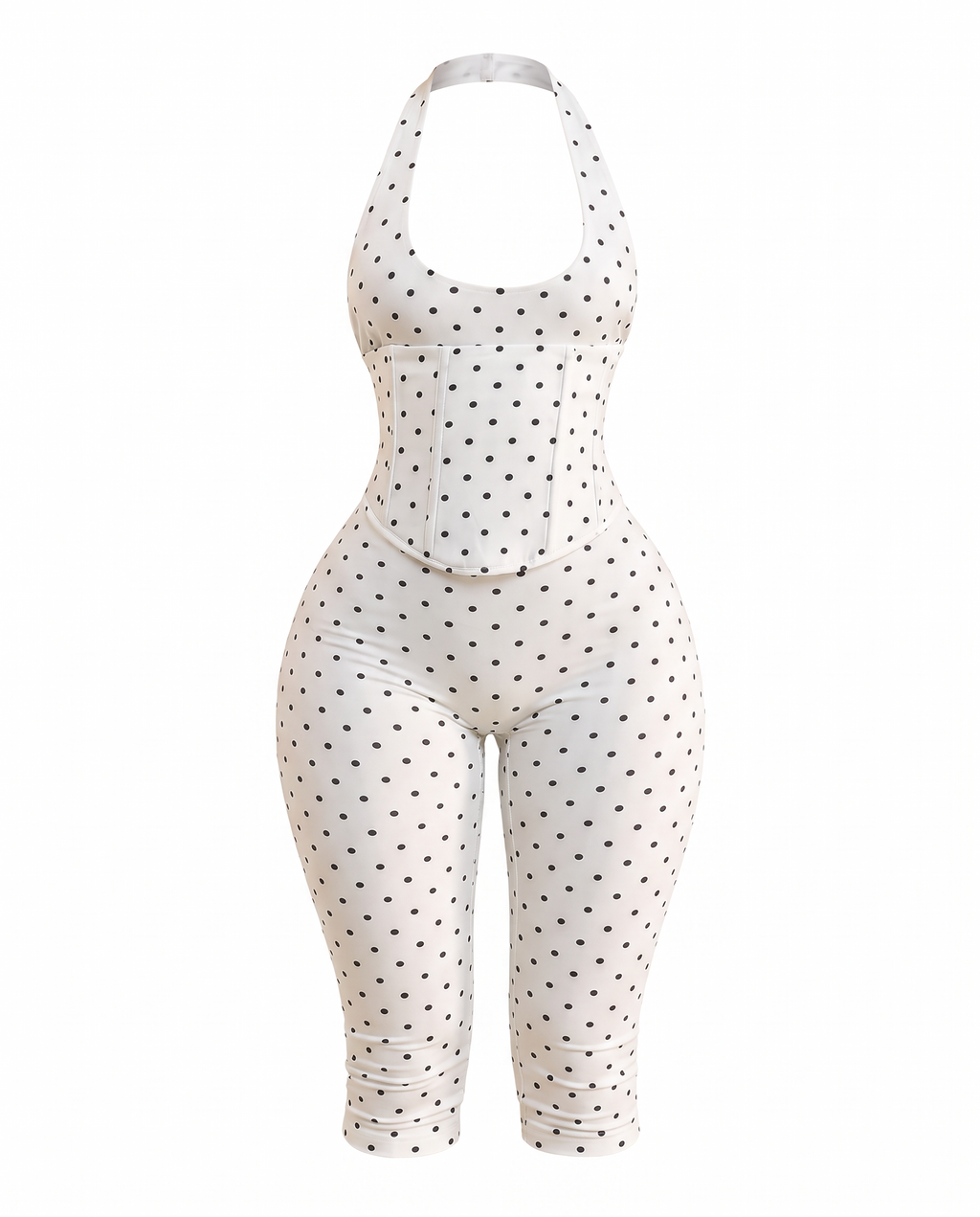 Polka dot halter capri jumpsuit with detachable corset on white background