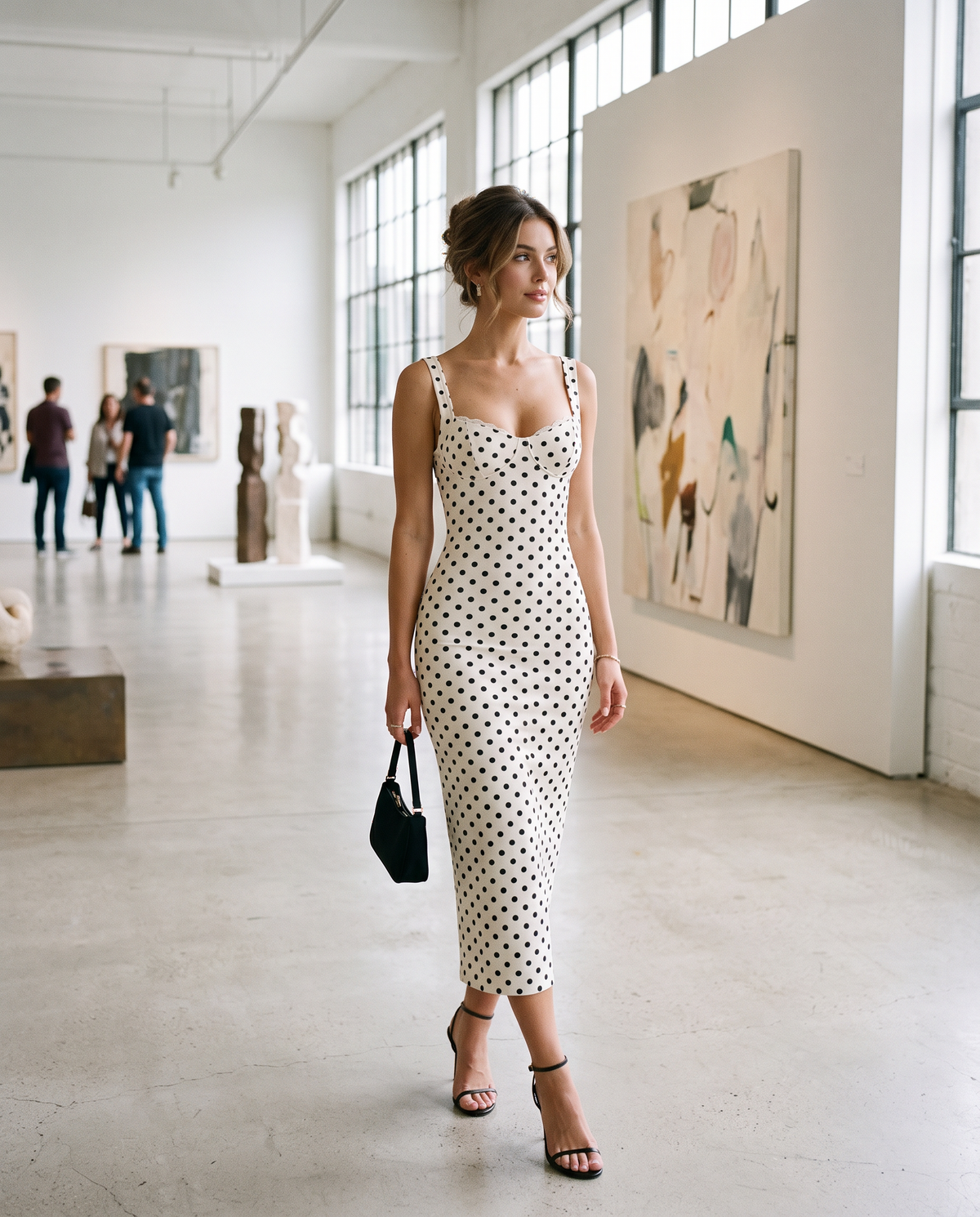 Polka dot maxi dress worn in a bright art gallery