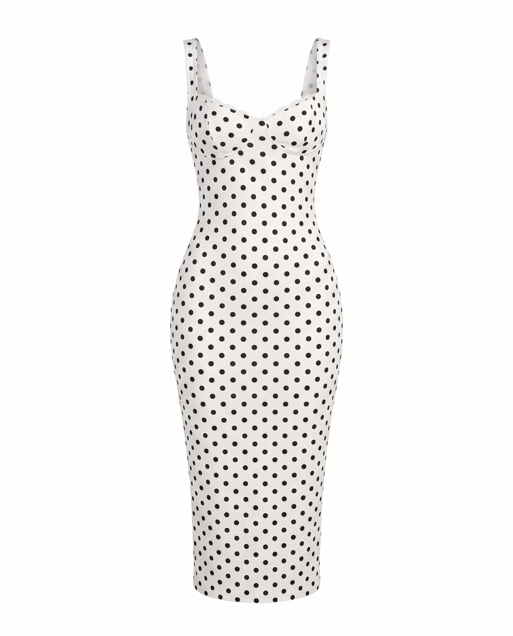 Classic polka dot slim-fit stretch maxi dress on white background