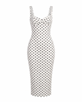 Classic polka dot slim-fit stretch maxi dress on white background