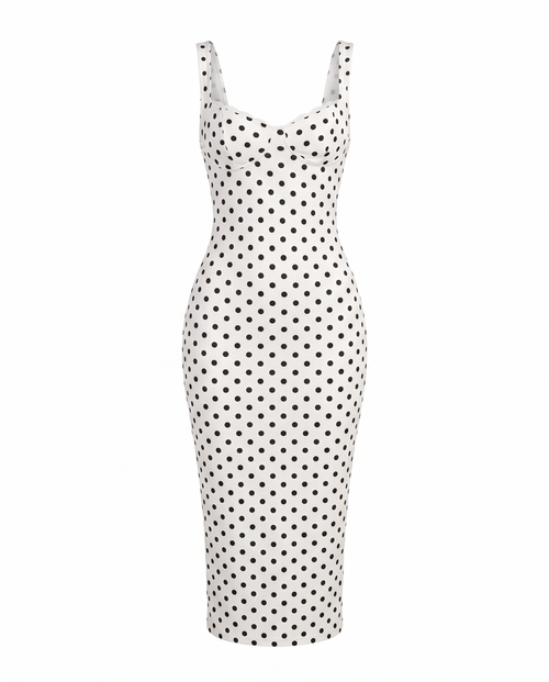 Classic polka dot slim-fit stretch maxi dress on white background
