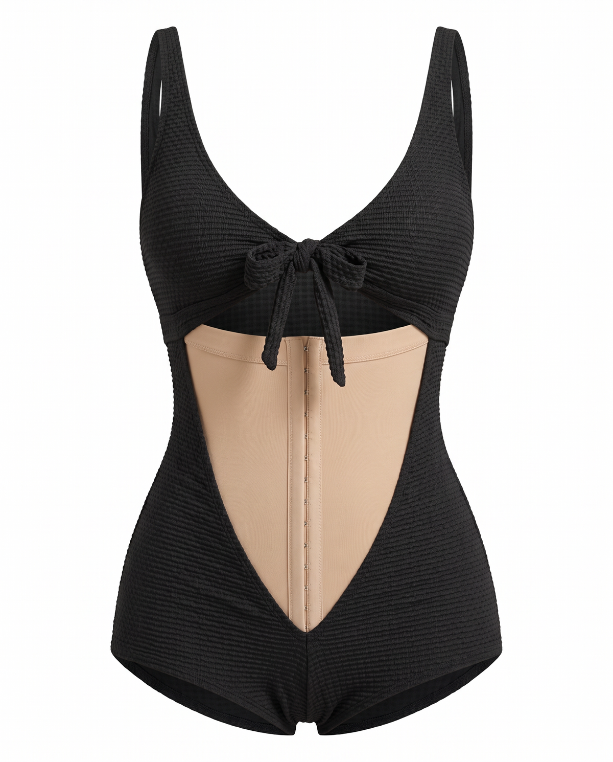 Tie-front cutout tummy control one-piece swimsuit on white background